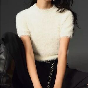 Guess White Fuzzy Short Sleeve Top